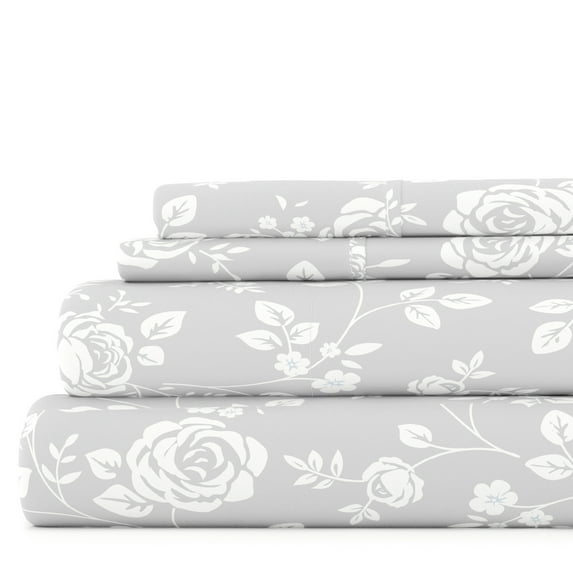 Noble Linens 4 Piece Pattern Microfiber Bed Sheets Set, Light Gray Rose Gray, Queen