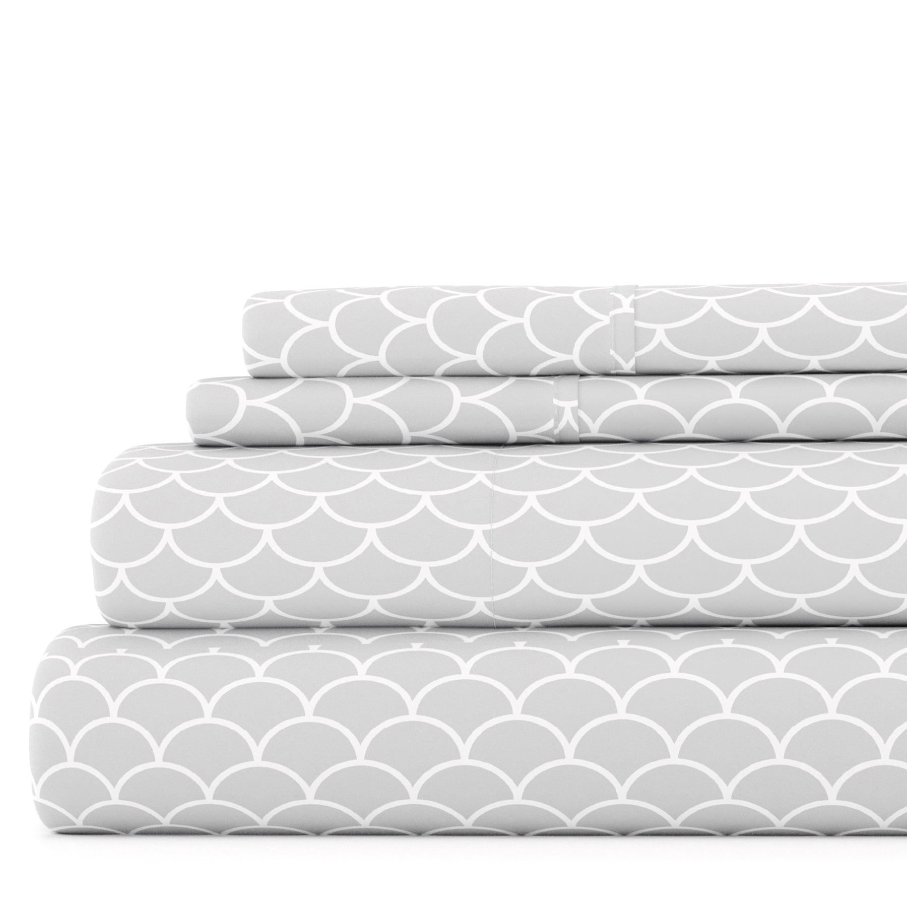 Noble Linens 4 Piece Pattern Microfiber Bed Sheets Set, Light Gray Scallops, California King