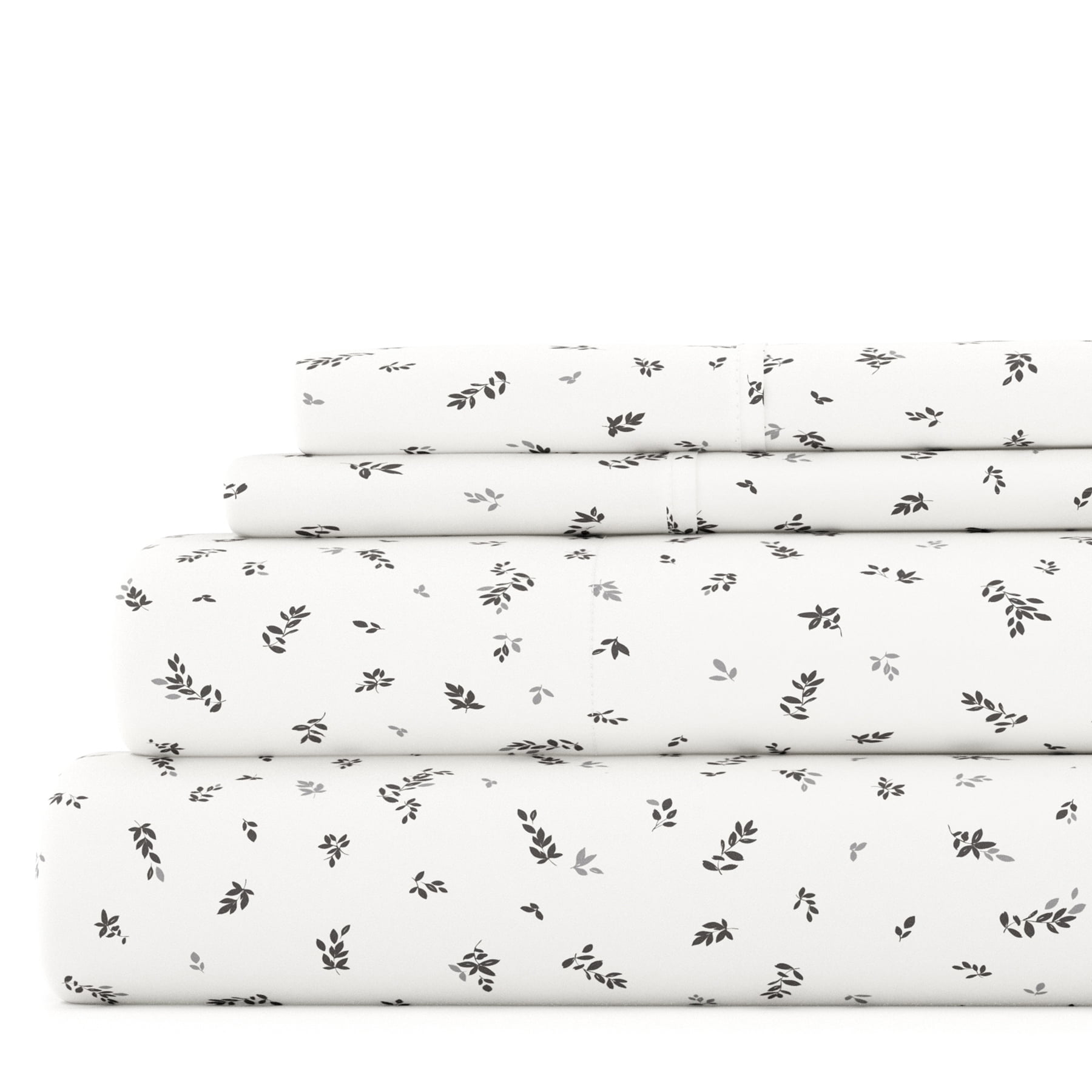 Noble Linens 4 Piece Pattern Microfiber Bed Sheets Set, Light Gray Spotted Leaves, King