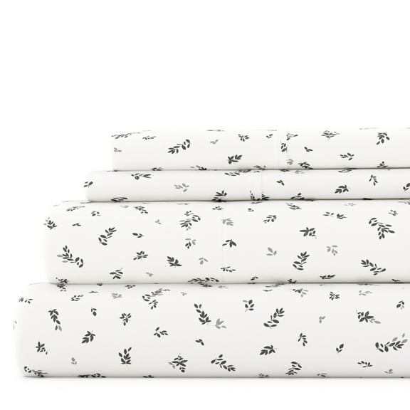 Noble Linens 4 Piece Pattern Microfiber Bed Sheets Set, Light Gray Spotted Leaves, Queen