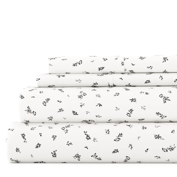 Noble Linens 4 Piece Pattern Microfiber Bed Sheets Set, Light Gray Spotted Leaves, Twin