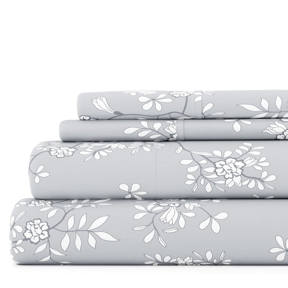 Noble Linens 4 Piece Pattern Microfiber Bed Sheets Set, Light Gray Trellis Vine, California King