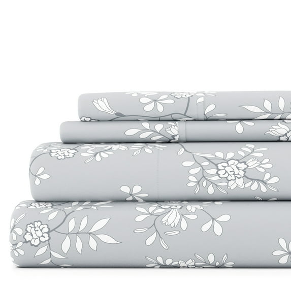 Noble Linens 4 Piece Pattern Microfiber Bed Sheets Set, Light Gray Trellis Vine, Full