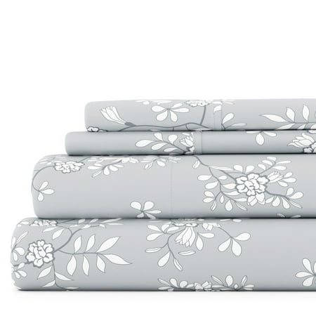 Noble Linens 4 Piece Pattern Microfiber Bed Sheets Set, Light Gray Trellis Vine, Queen