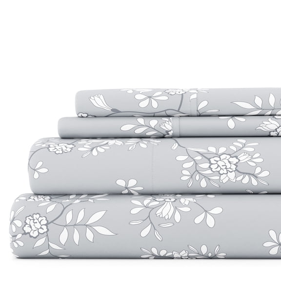 Noble Linens 4 Piece Pattern Microfiber Bed Sheets Set, Light Gray Trellis Vine, Twin