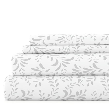 Noble Linens 4 Piece Pattern Microfiber Bed Sheets Set, Light Gray Ultra Burst of Vines, California King