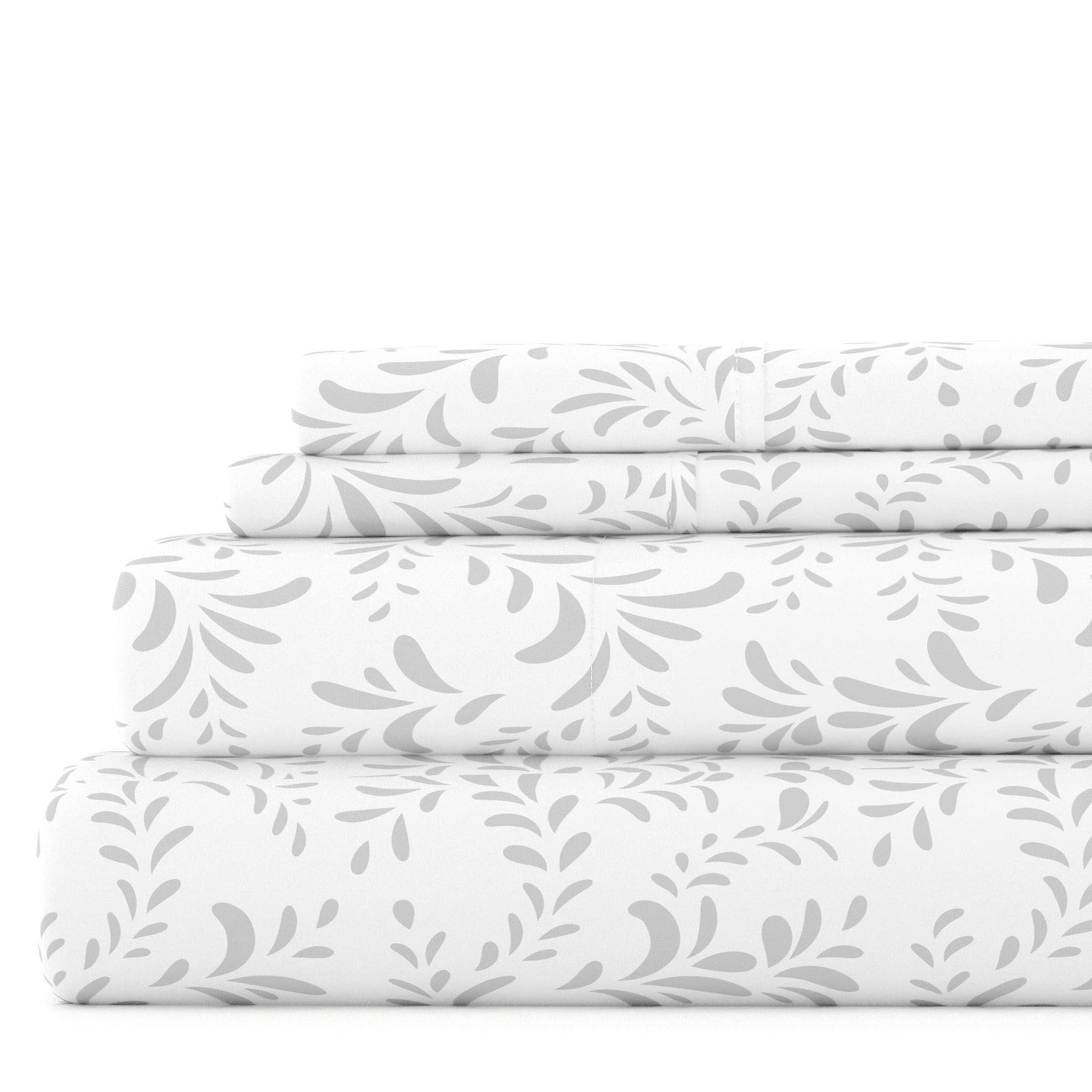 Noble Linens 4 Piece Pattern Microfiber Bed Sheets Set, Light Gray Ultra Burst of Vines, King