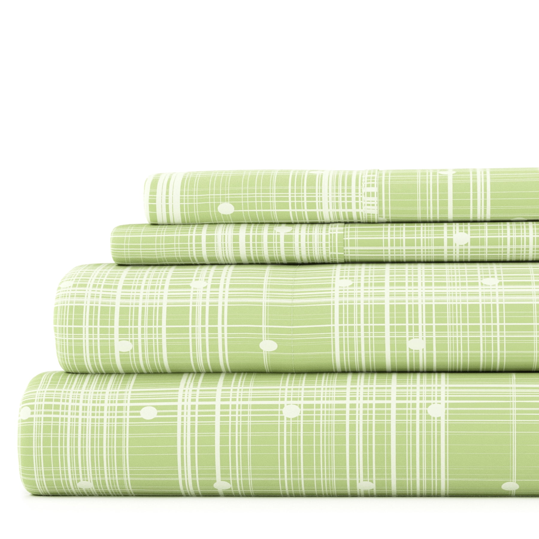 Noble Linens 4 Piece Pattern Microfiber Bed Sheets Set, Moss Polka Dot, King