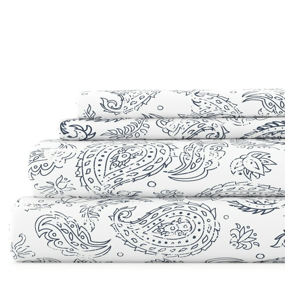 Noble Linens 4 Piece Pattern Microfiber Bed Sheets Set, Navy Coarse Paisley, Queen
