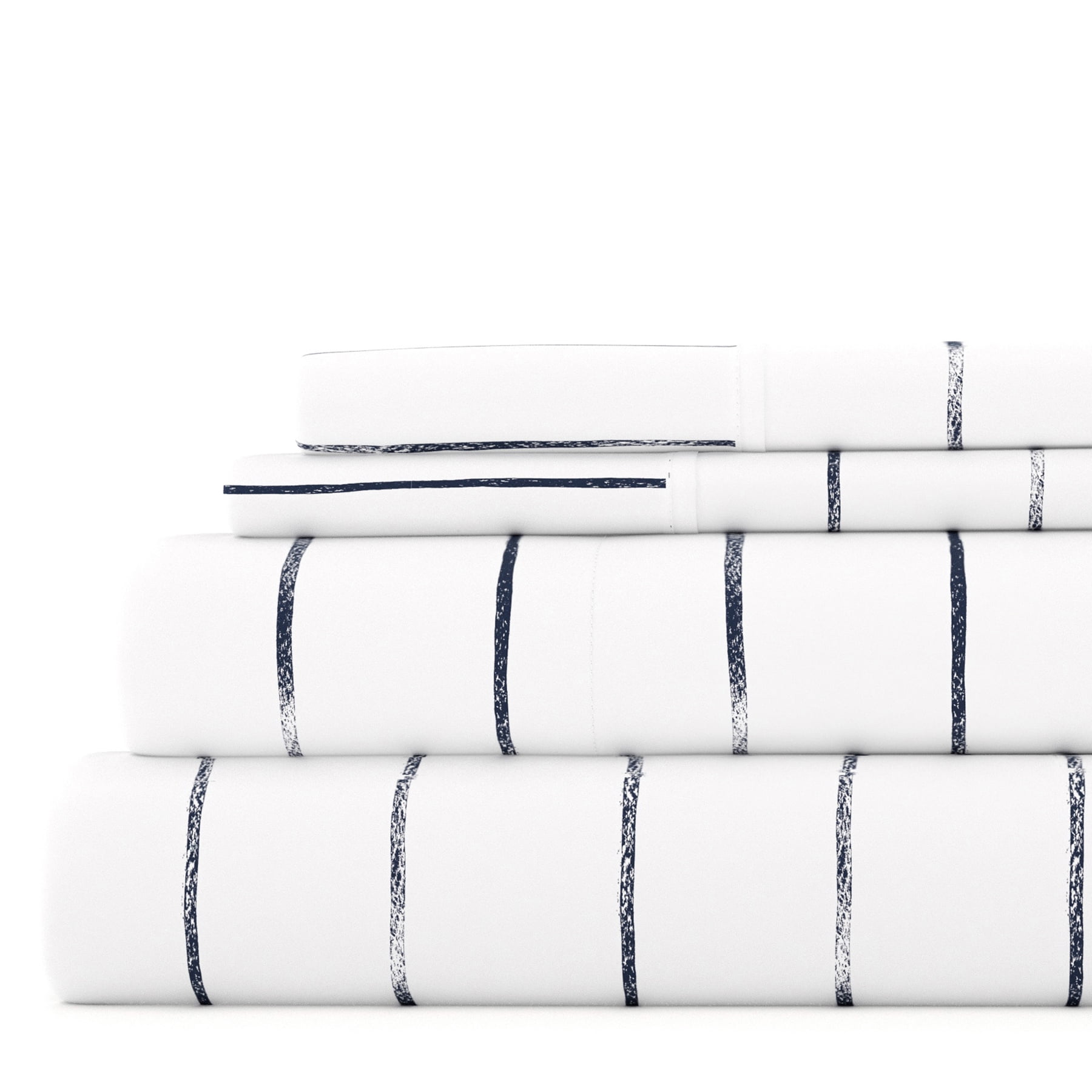 Noble Linens 4 Piece Pattern Microfiber Bed Sheets Set, Navy Distressed Field Stripe, CalKing