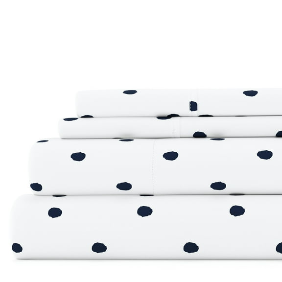 Noble Linens 4 Piece Pattern Microfiber Bed Sheets Set, Navy Dots, King