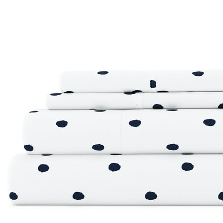 Noble Linens 4 Piece Pattern Microfiber Bed Sheets Set, Navy Dots, Queen