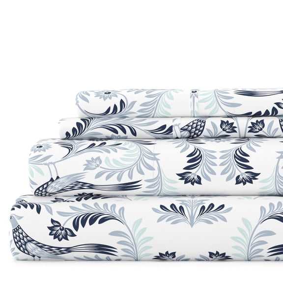 Noble Linens 4 Piece Pattern Microfiber Bed Sheets Set, Navy Garden Estate, King