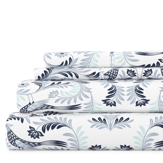 Noble Linens 4 Piece Pattern Microfiber Bed Sheets Set, Navy Garden Estate, Queen