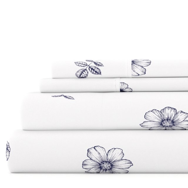 Noble Linens 4 Piece Pattern Microfiber Bed Sheets Set, Navy Indigo Flowers, California King