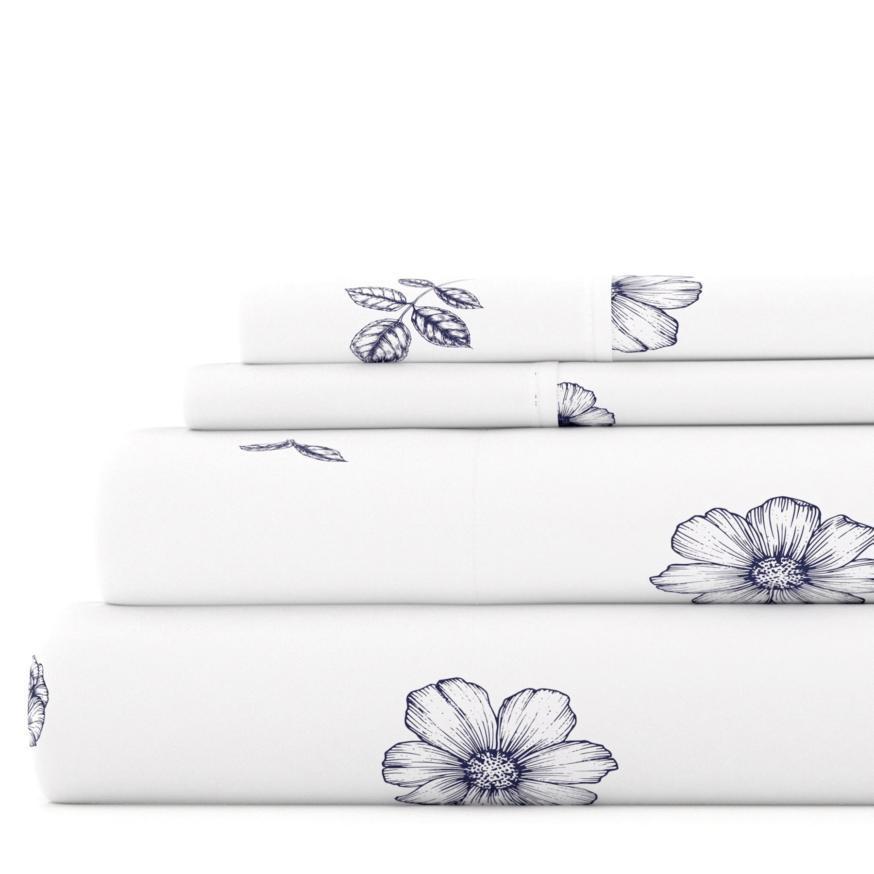 Noble Linens 4 Piece Pattern Microfiber Bed Sheets Set, Navy Indigo Flowers, Queen