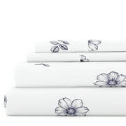 Noble Linens 4 Piece Pattern Microfiber Bed Sheets Set, Navy Indigo Flowers, Queen