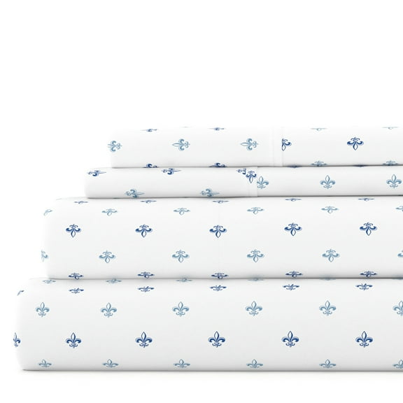 Noble Linens 4 Piece Pattern Microfiber Bed Sheets Set, Navy Lily, Queen