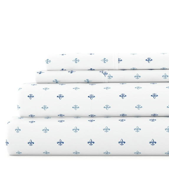 Noble Linens 4 Piece Pattern Microfiber Bed Sheets Set, Navy Lily, Queen