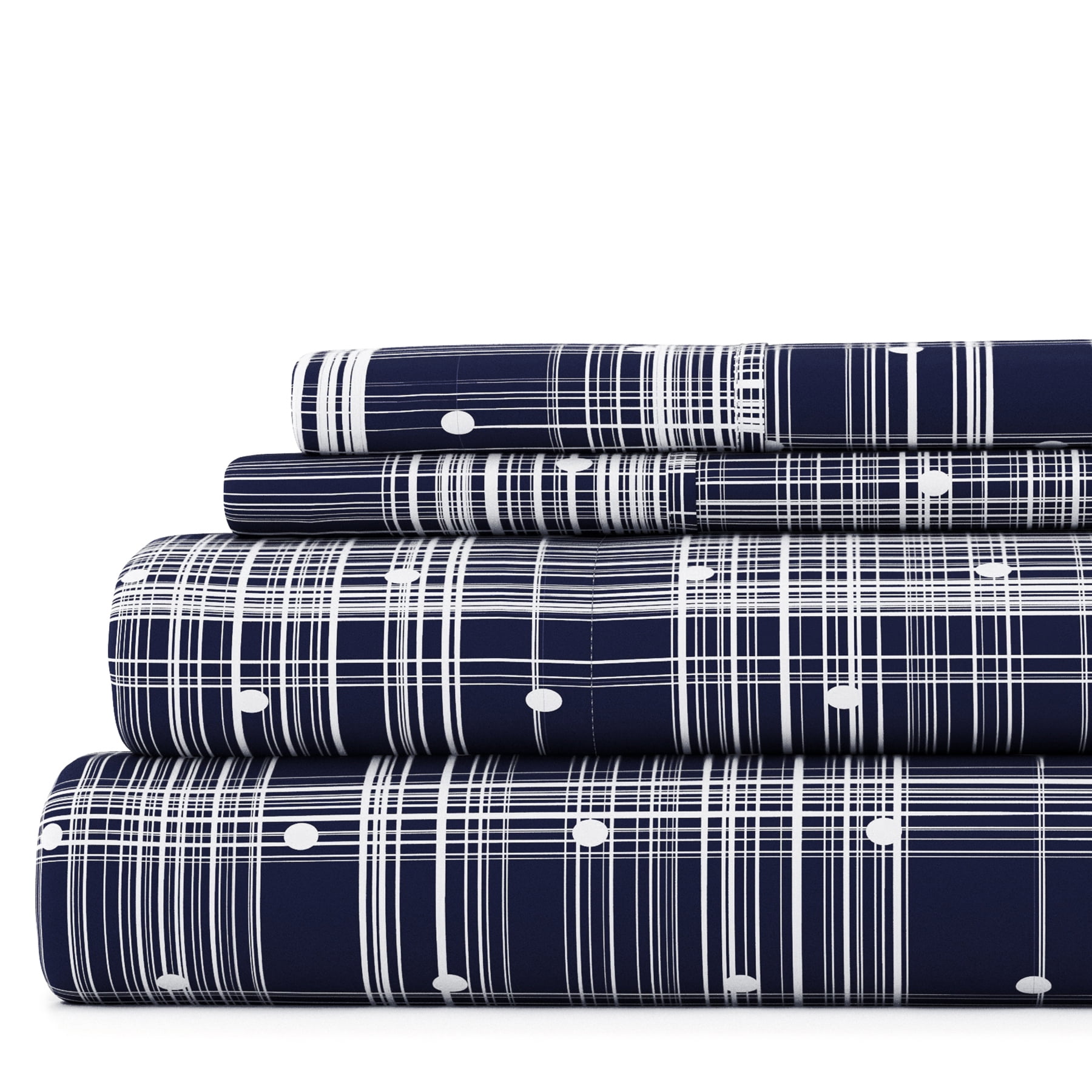 Noble Linens 4 Piece Pattern Microfiber Bed Sheets Set, Navy Polka Dot, Full