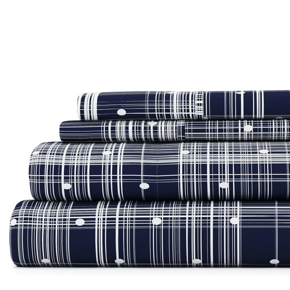Noble Linens 4 Piece Pattern Microfiber Bed Sheets Set, Navy Polka Dot, Queen