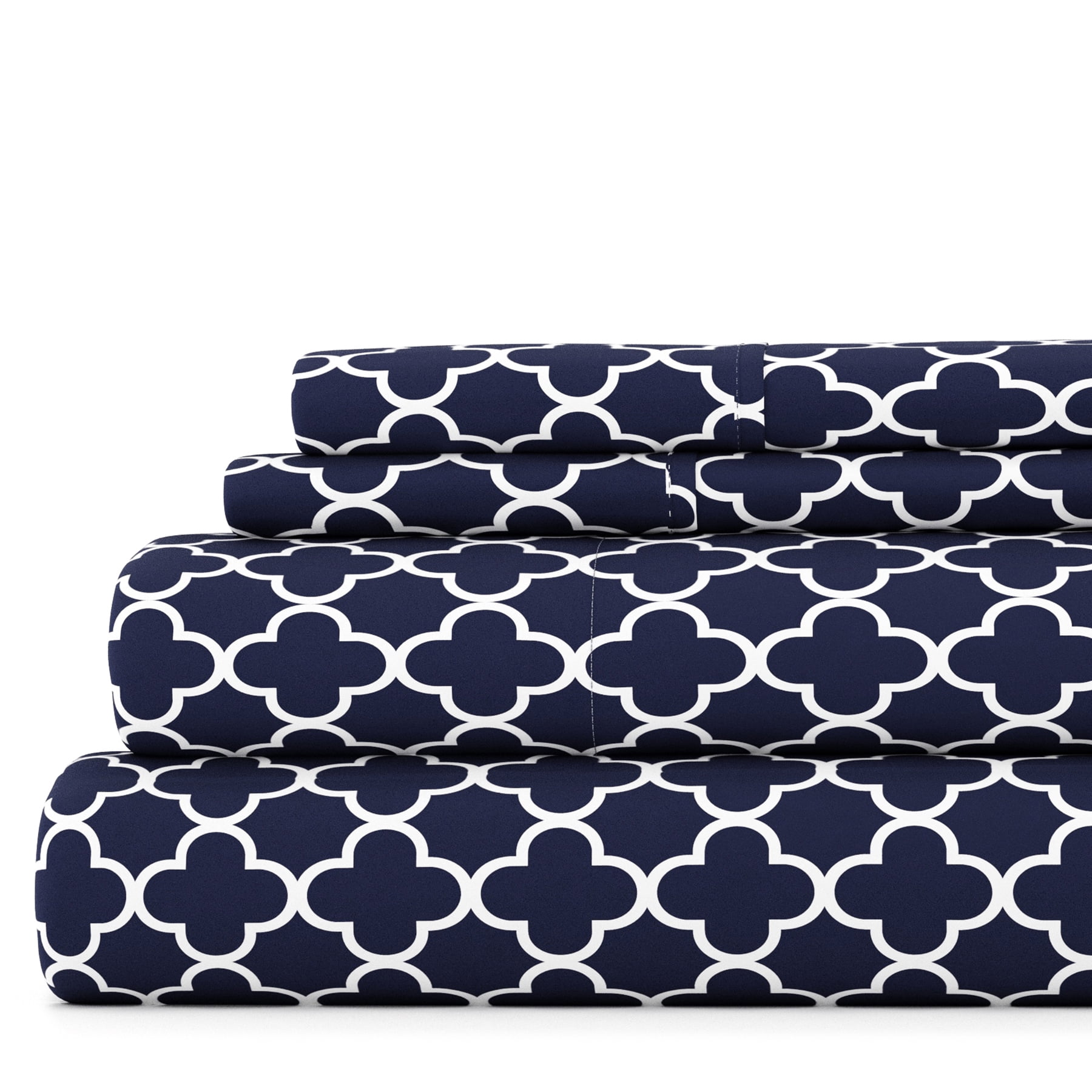 Noble Linens 4 Piece Pattern Microfiber Bed Sheets Set, Navy Quadrafoil, King