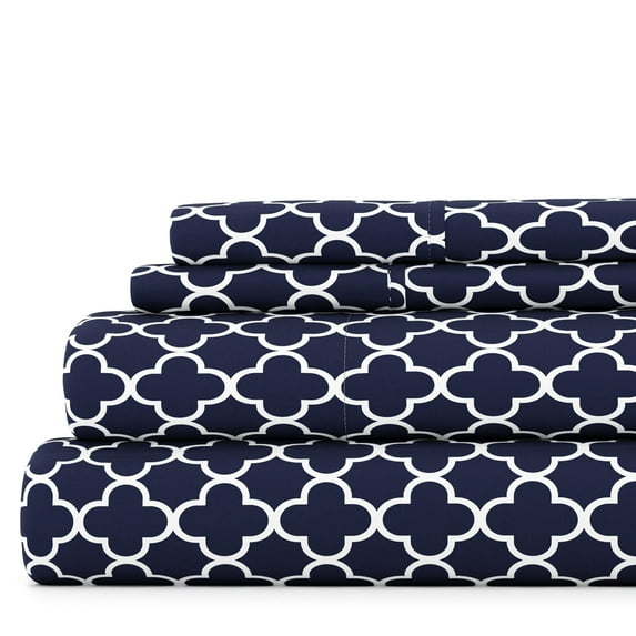 Noble Linens 4 Piece Pattern Microfiber Bed Sheets Set, Navy Quadrafoil, Queen