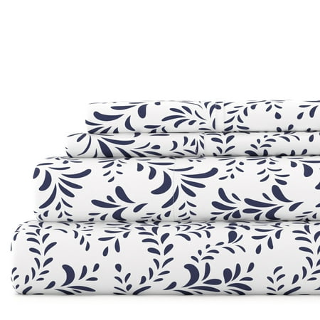 Noble Linens 4 Piece Pattern Microfiber Bed Sheets Set, Navy Ultra Burst of Vines, Full