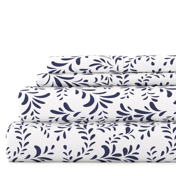 Noble Linens 4 Piece Pattern Microfiber Bed Sheets Set, Navy Ultra Burst of Vines, King