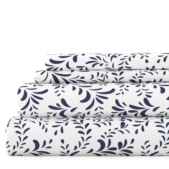 Noble Linens 4 Piece Pattern Microfiber Bed Sheets Set, Navy Ultra Burst of Vines, Queen