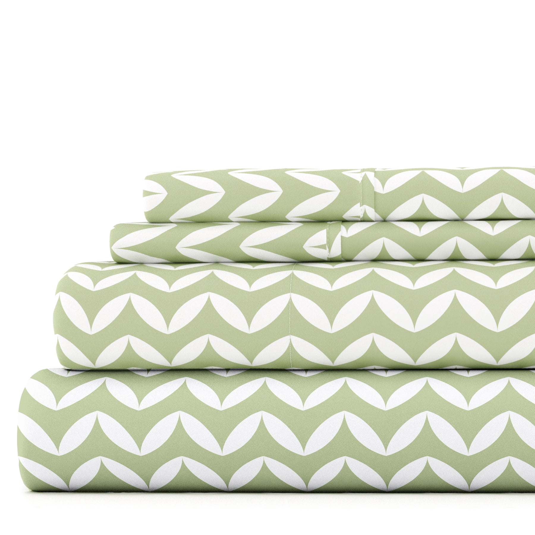 Noble Linens 4 Piece Pattern Microfiber Bed Sheets Set, Sage Puffed Chevron, California King