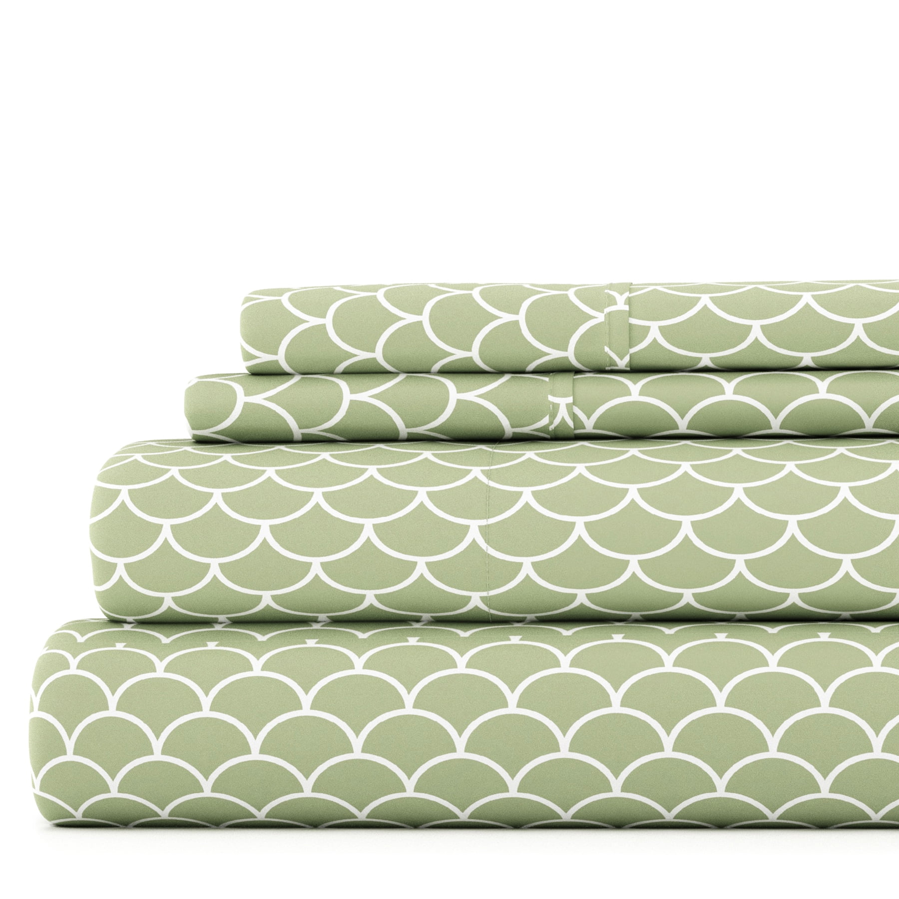 Noble Linens 4 Piece Pattern Microfiber Bed Sheets Set, Sage Scallops, California King