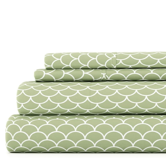 Noble Linens 4 Piece Pattern Microfiber Bed Sheets Set, Sage Scallops, King