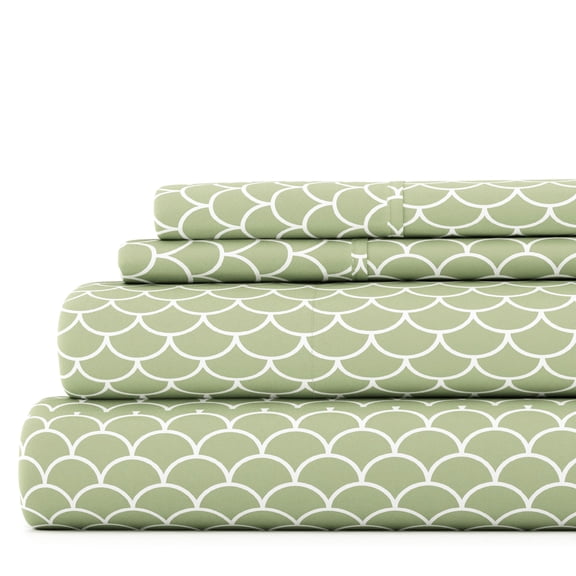 Noble Linens 3 Piece Pattern Microfiber Bed Sheets Set, Sage Scallops, Twin