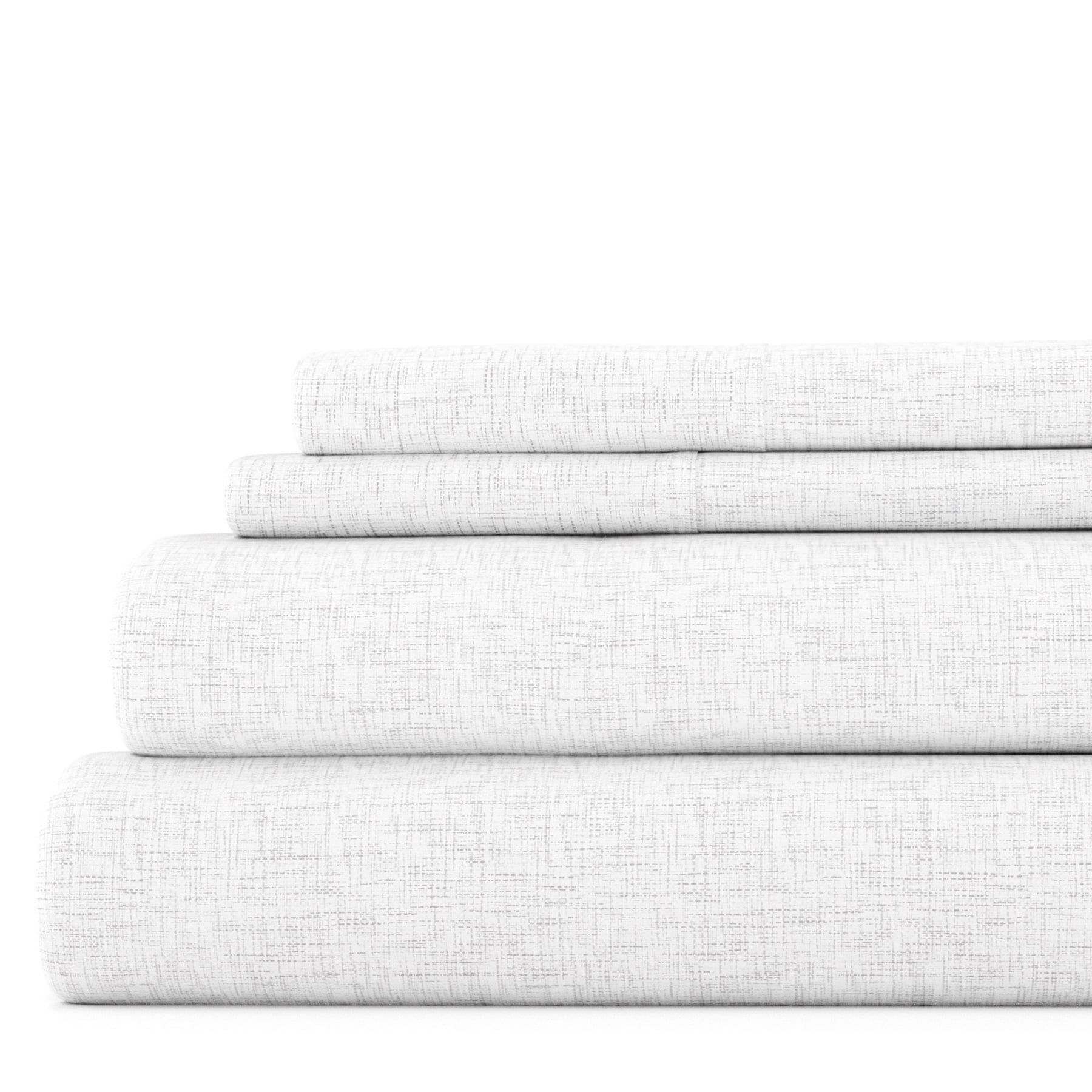 Noble Linens 4 Piece Pattern Microfiber Bed Sheets Set, White Chambray Style, King
