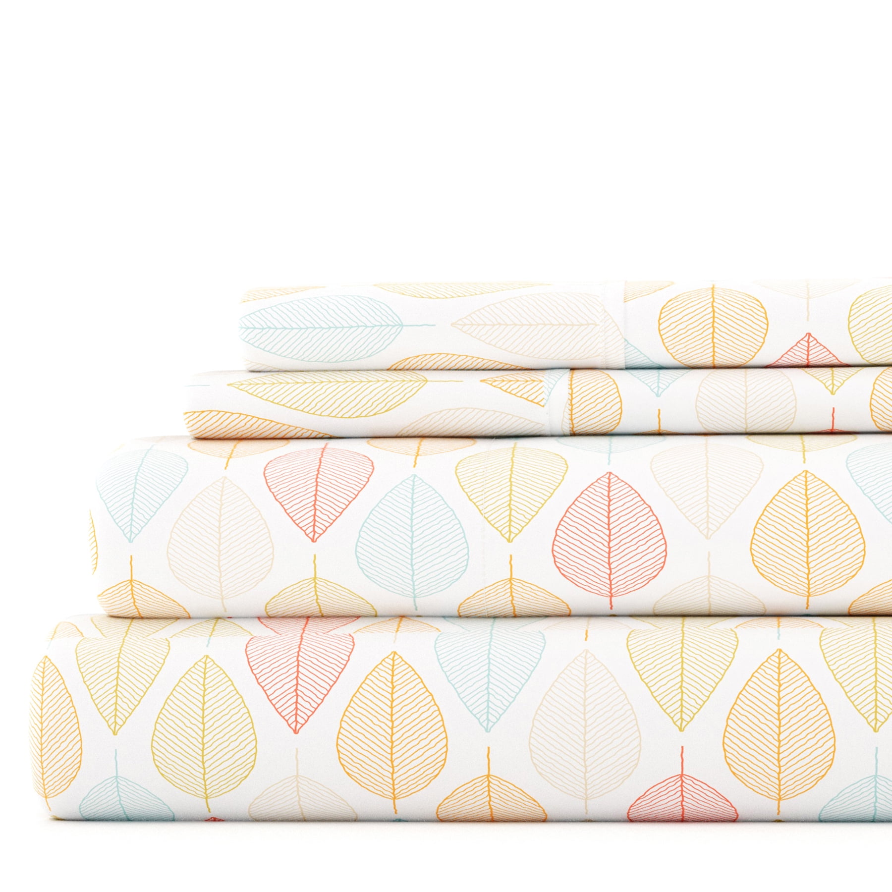 Noble Linens 4 Piece Pattern Microfiber Bed Sheets Set, Yellow Fall Foliage, California King