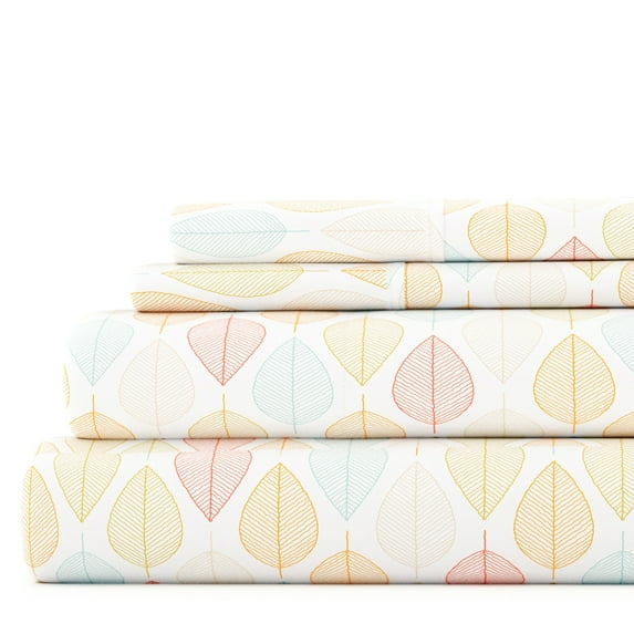 Noble Linens 4 Piece Pattern Microfiber Bed Sheets Set, Yellow Fall Foliage, California King