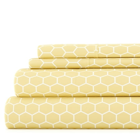 Noble Linens 4 Piece Pattern Microfiber Bed Sheets Set, Yellow Honeycomb, King