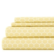 Noble Linens 4 Piece Pattern Microfiber Bed Sheets Set, Yellow Honeycomb, Queen