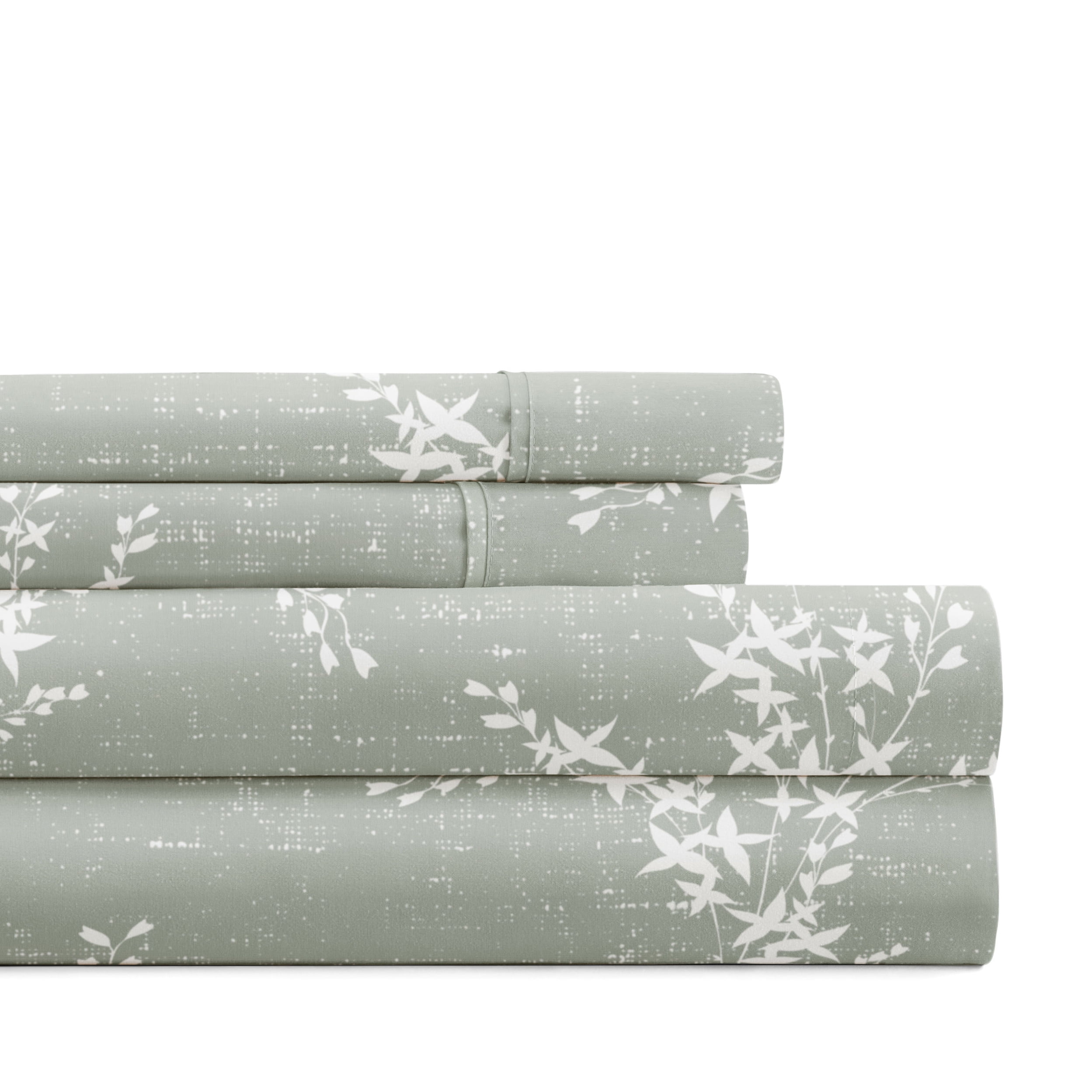 Noble Linens 4 Piece Pattern Microfiber Bed Sheets Set, Distressed Willow Green Mist, King