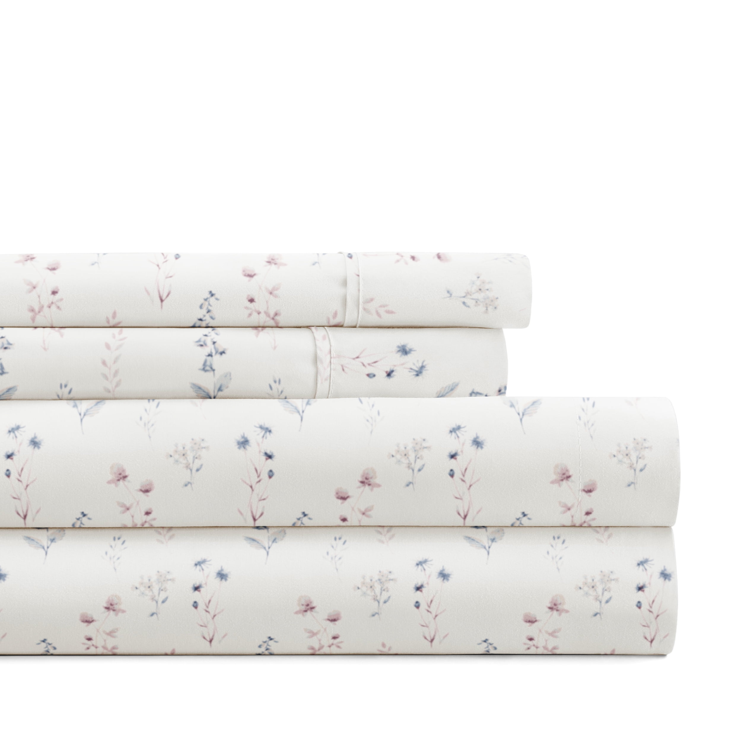 Noble Linens 4 Piece Pattern Microfiber Bed Sheets Set, Ivory Painted Meadow, Cal King