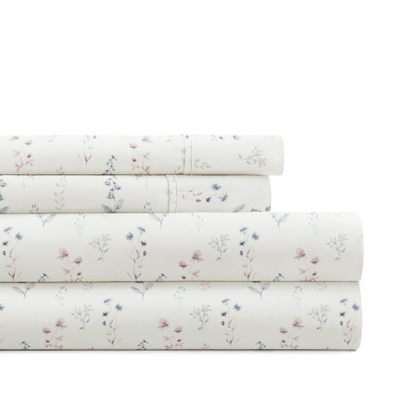 Noble Linens 4 Piece Pattern Microfiber Bed Sheets Set, Ivory Painted Meadow, Cal King