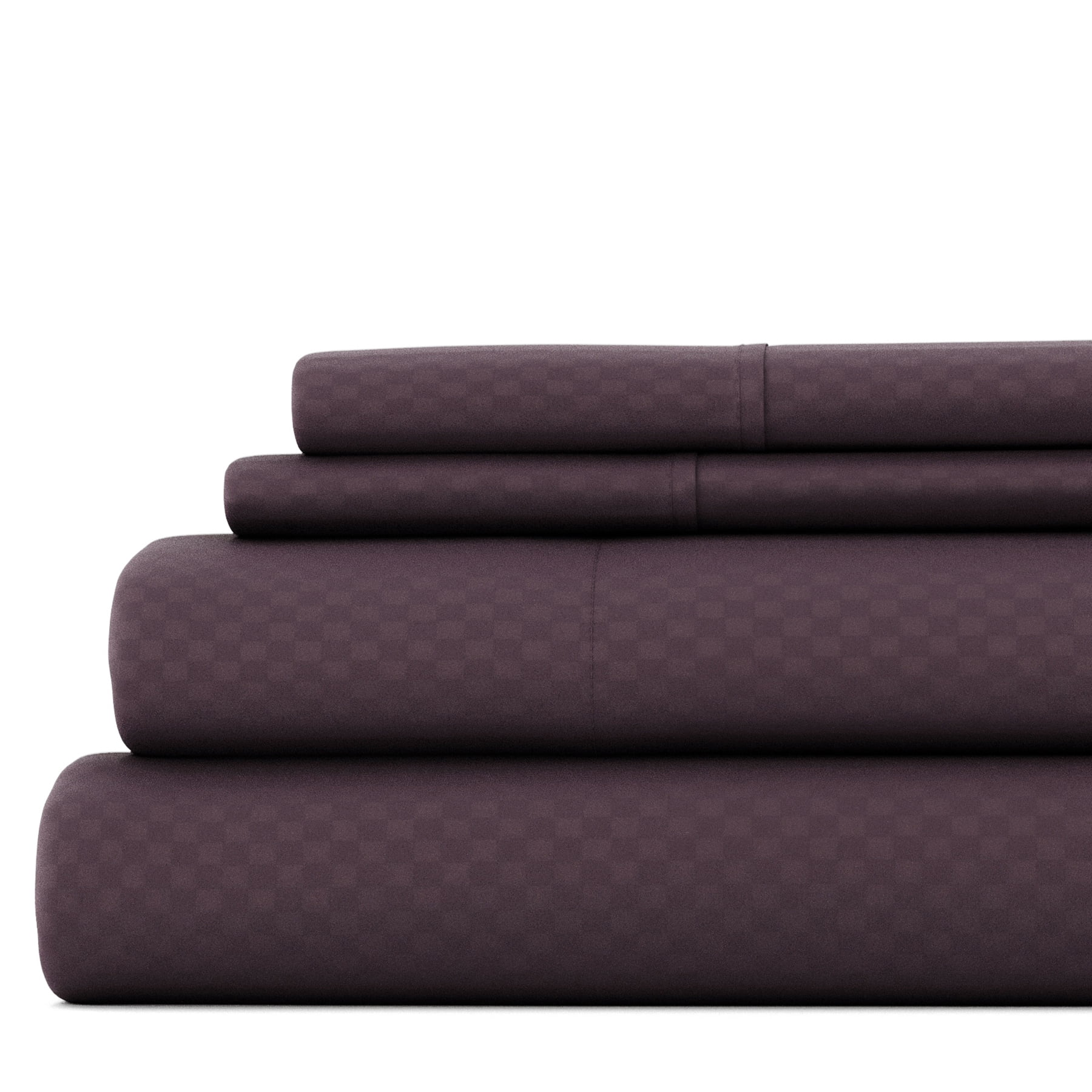 Noble Linens 4 Piece Purple Checkered Embossed Bed Sheet Set, Queen