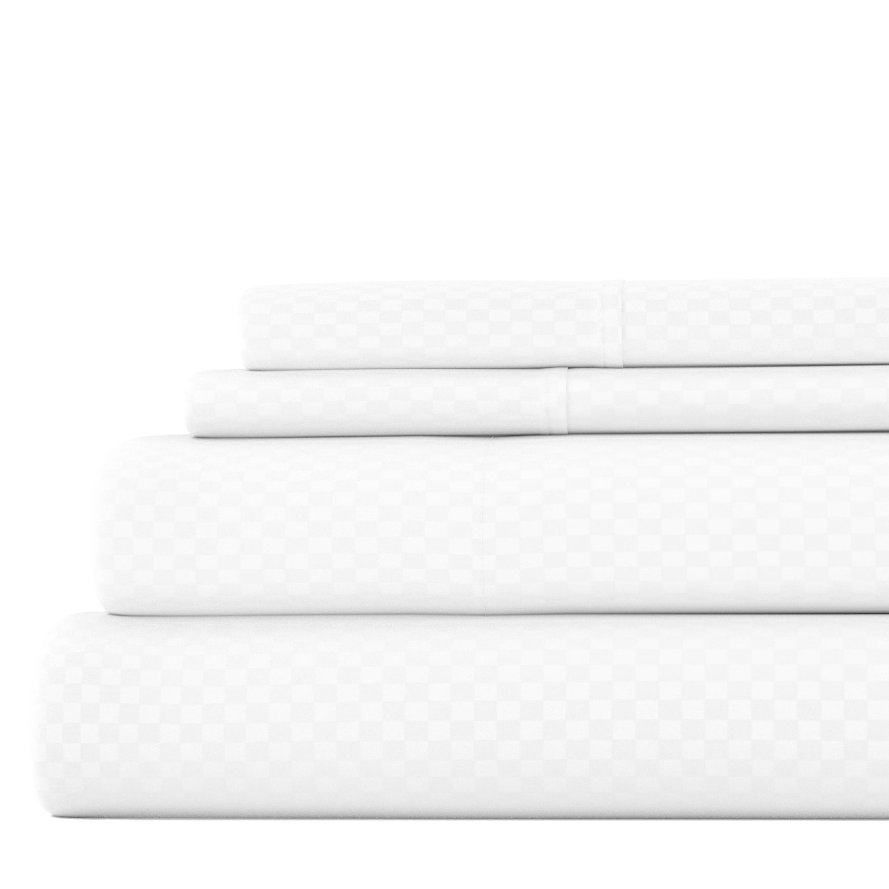Noble Linens 4 Piece White Checkered Embossed Bed Sheet Set, Queen