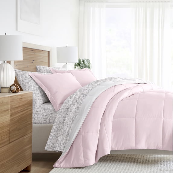 Noble Linens 5 Piece Bedding Bundle, Reversible Comforter and Patterned Sheet Set, Twin