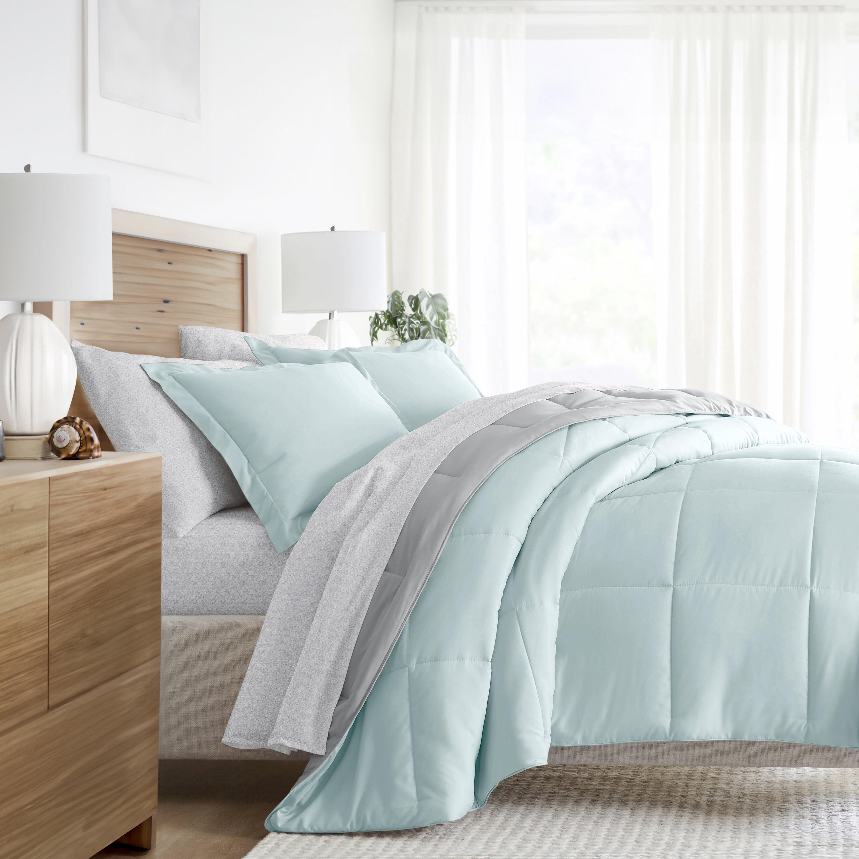Noble Linens 5 Piece Bedding Bundle, Reversible Comforter and Patterned Sheet Set, Twin