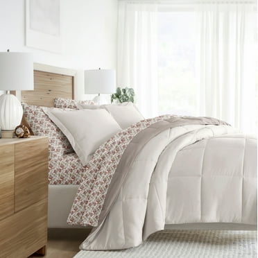 Noble Linens 5 Piece Bedding Bundle, Reversible Comforter and Patterned Sheet Set, Twin