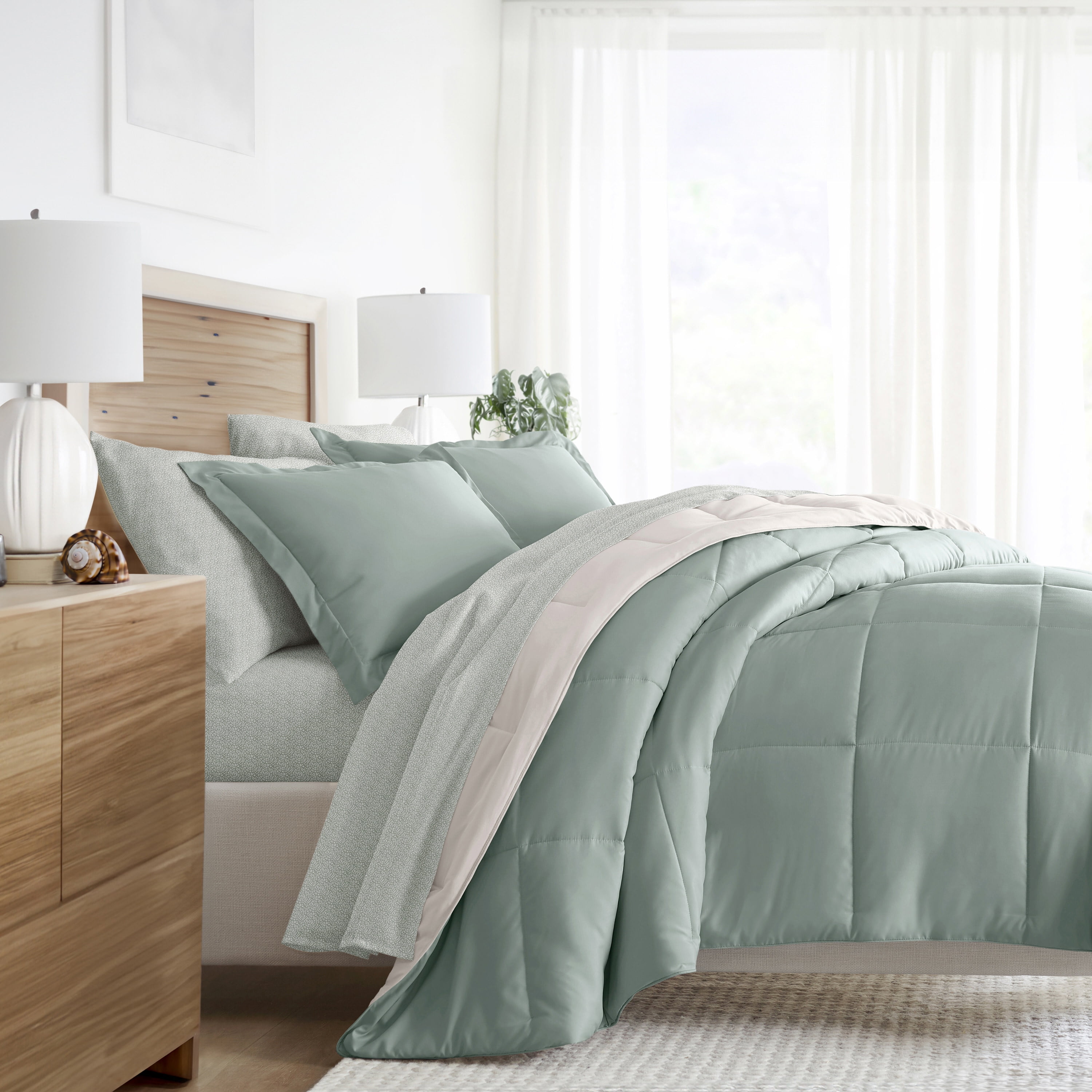 Noble Linens 5 Piece Bedding Bundle, Reversible Comforter and Patterned Sheet Set, Twin