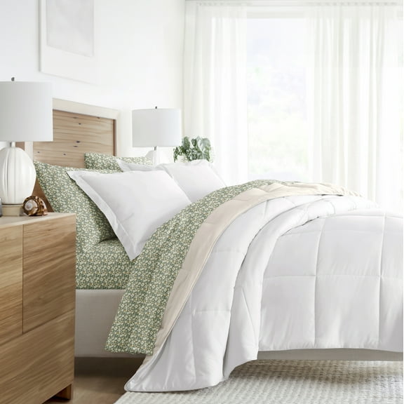 Noble Linens 5 Piece Bedding Bundle, Reversible Comforter and Patterned Sheet Set, Twin