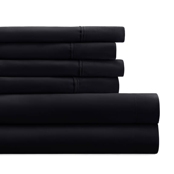 California King, Black Solid Microfiber 6 Piece Bed Sheet Set, by Noble Linens